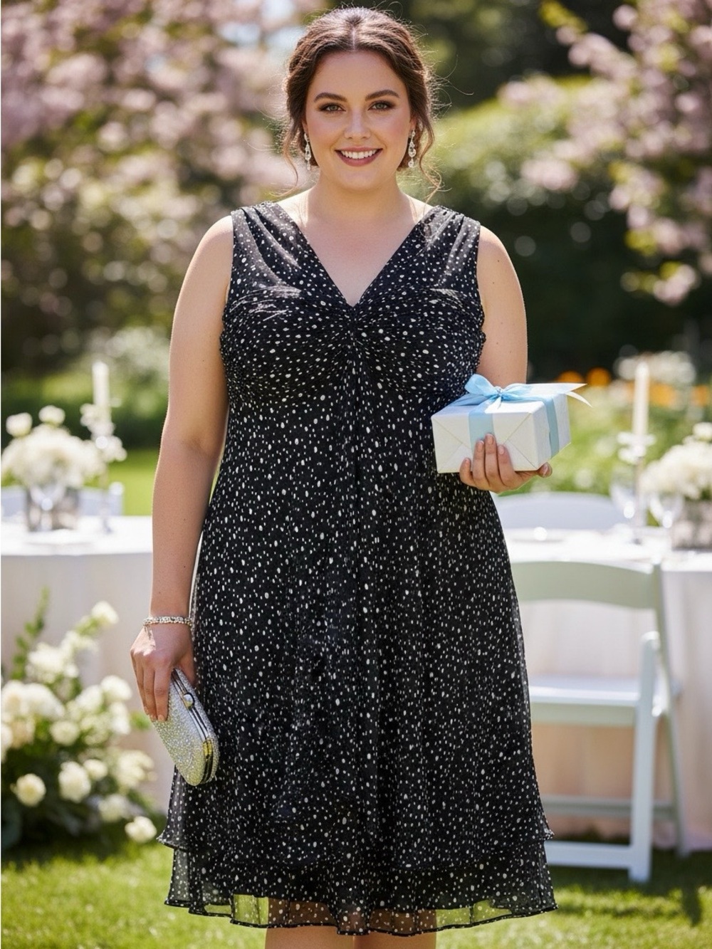 R&M Richards Black Polka Dot V-Neck Midi Dress